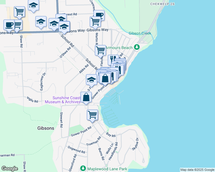 map of restaurants, bars, coffee shops, grocery stores, and more near 272 Molly's Lane in Gibsons
