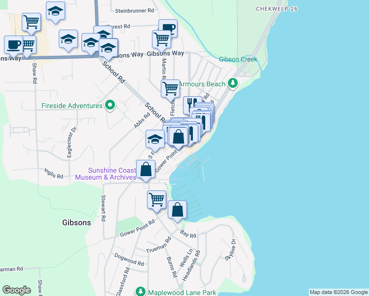 map of restaurants, bars, coffee shops, grocery stores, and more near 643 School Road in Gibsons