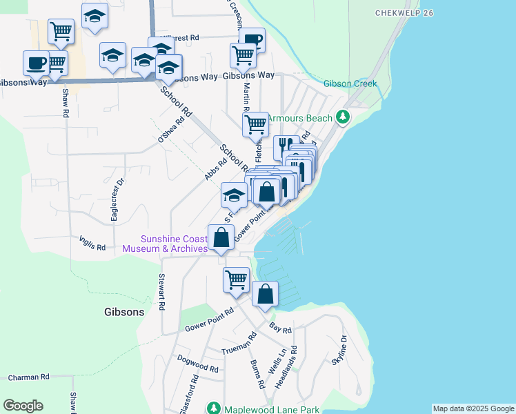 map of restaurants, bars, coffee shops, grocery stores, and more near 291 Periwinkle Lane in Gibsons