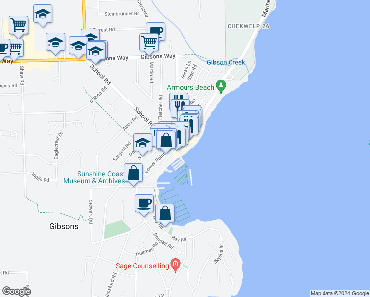 map of restaurants, bars, coffee shops, grocery stores, and more near 418 Marine Drive in Gibsons