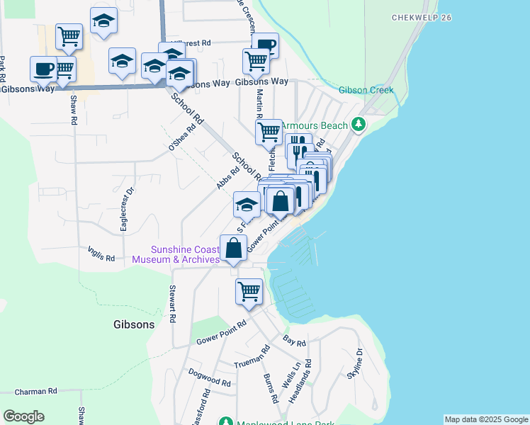 map of restaurants, bars, coffee shops, grocery stores, and more near 512 South Fletcher Road in Gibsons
