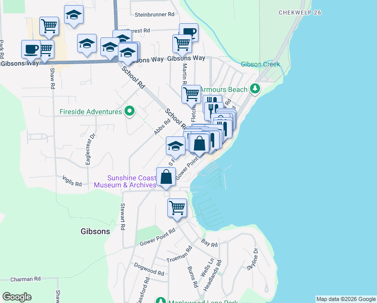 map of restaurants, bars, coffee shops, grocery stores, and more near 529 South Fletcher Road in Gibsons