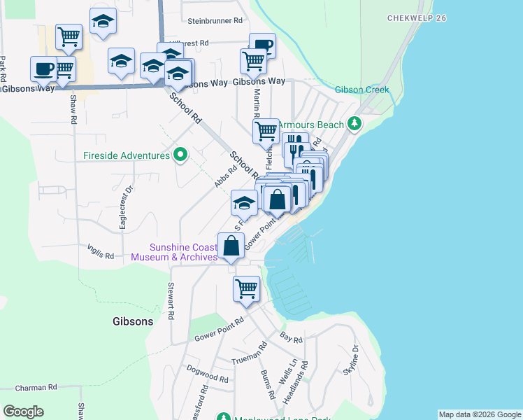 map of restaurants, bars, coffee shops, grocery stores, and more near 512 South Fletcher Road in Gibsons