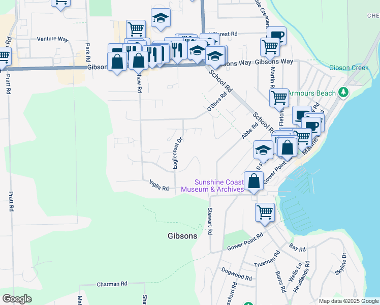 map of restaurants, bars, coffee shops, grocery stores, and more near 806 Oceanmount Boulevard in Gibsons