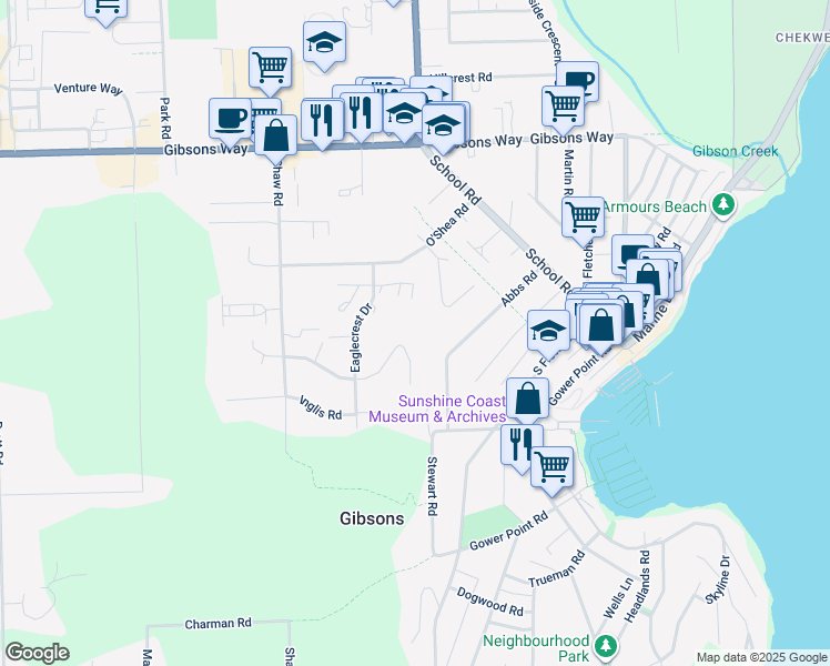 map of restaurants, bars, coffee shops, grocery stores, and more near 803 Oceanmount Boulevard in Gibsons
