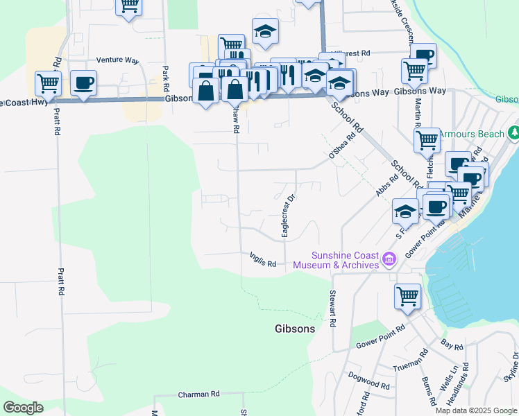 map of restaurants, bars, coffee shops, grocery stores, and more near 518 Shaw Road in Gibsons