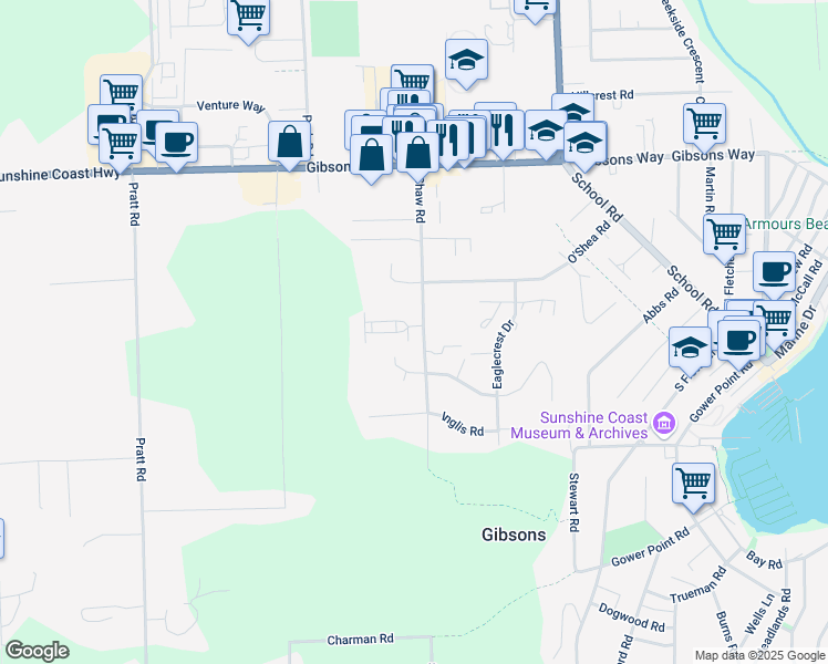 map of restaurants, bars, coffee shops, grocery stores, and more near 535 Shaw Road in Gibsons