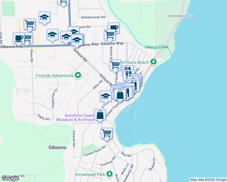 map of restaurants, bars, coffee shops, grocery stores, and more near 529 South Fletcher Road in Gibsons