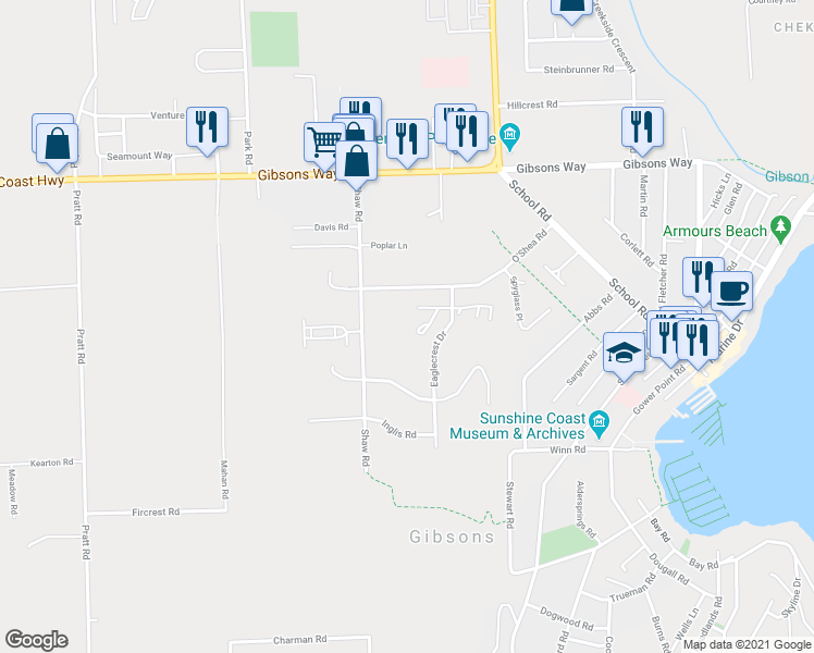 map of restaurants, bars, coffee shops, grocery stores, and more near 554 Eaglecrest Drive in Gibsons