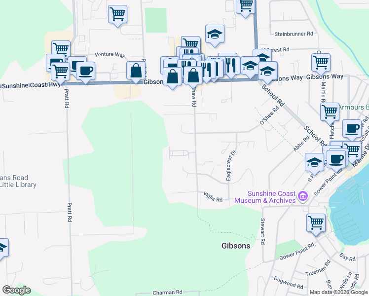 map of restaurants, bars, coffee shops, grocery stores, and more near 535 Shaw Road in Gibsons
