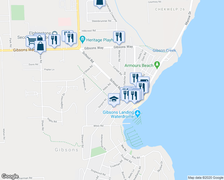 map of restaurants, bars, coffee shops, grocery stores, and more near 543 Sargent Road in Gibsons