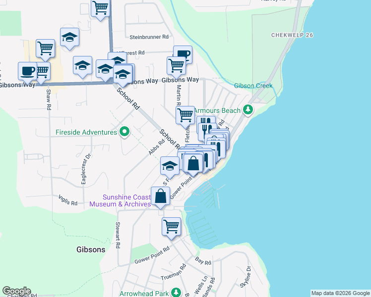 map of restaurants, bars, coffee shops, grocery stores, and more near 529 South Fletcher Road in Gibsons