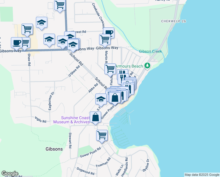 map of restaurants, bars, coffee shops, grocery stores, and more near 547 North Fletcher Road in Gibsons