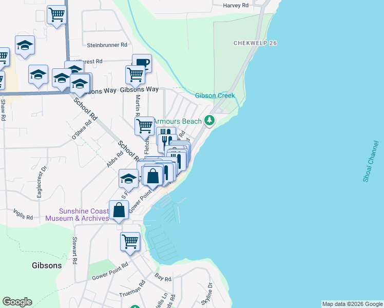 map of restaurants, bars, coffee shops, grocery stores, and more near 508 Marine Drive in Gibsons