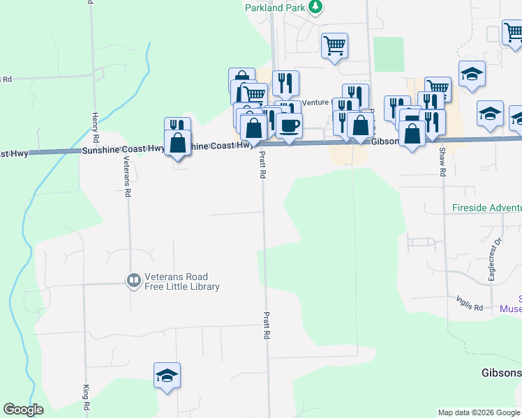 map of restaurants, bars, coffee shops, grocery stores, and more near 592 Pratt Road in Gibsons