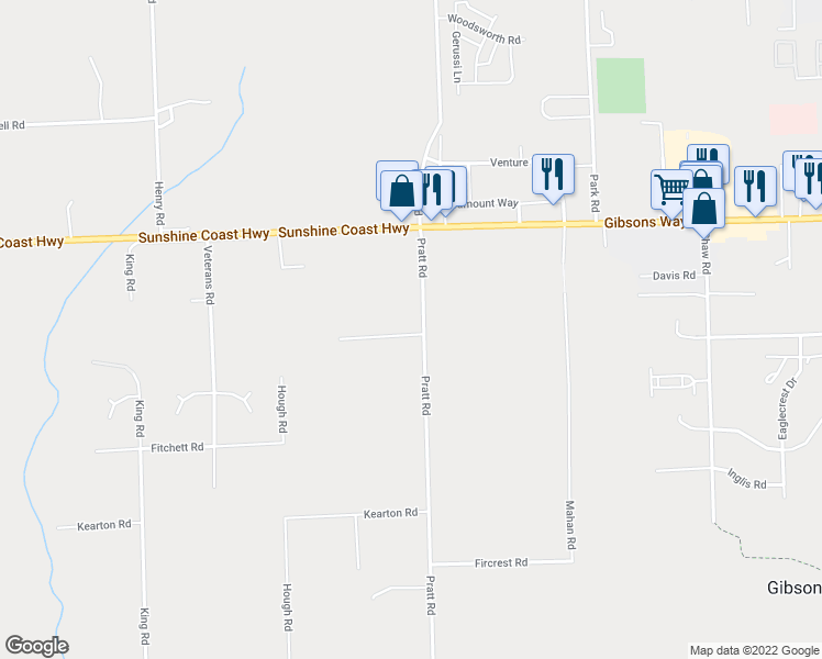 map of restaurants, bars, coffee shops, grocery stores, and more near 577 Pratt Road in Gibsons