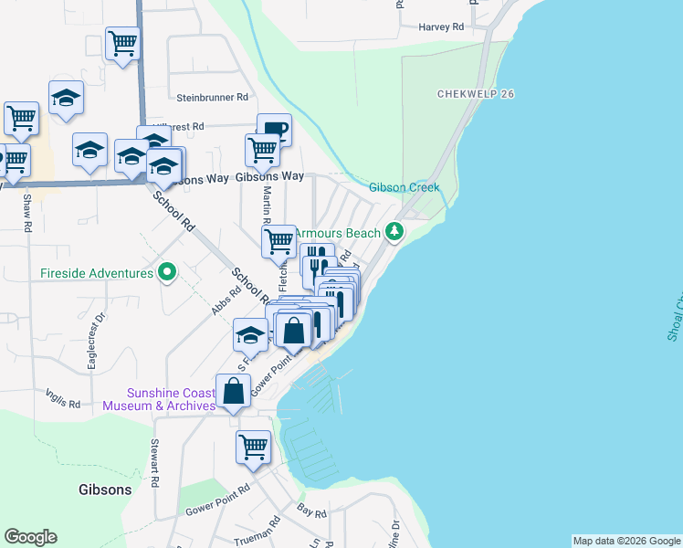 map of restaurants, bars, coffee shops, grocery stores, and more near 572 Seaview Road in Gibsons