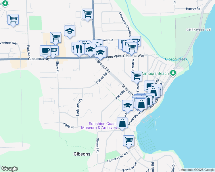 map of restaurants, bars, coffee shops, grocery stores, and more near 565 Wildwood Crescent in Gibsons