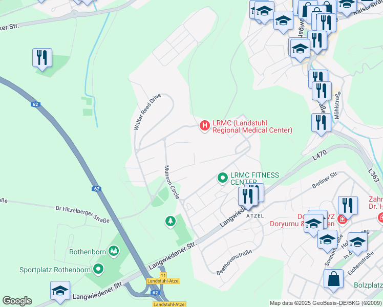 map of restaurants, bars, coffee shops, grocery stores, and more near 3377 Geb in Landstuhl