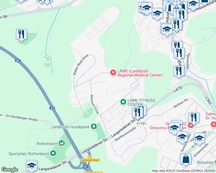 map of restaurants, bars, coffee shops, grocery stores, and more near 3377 Geb in Landstuhl