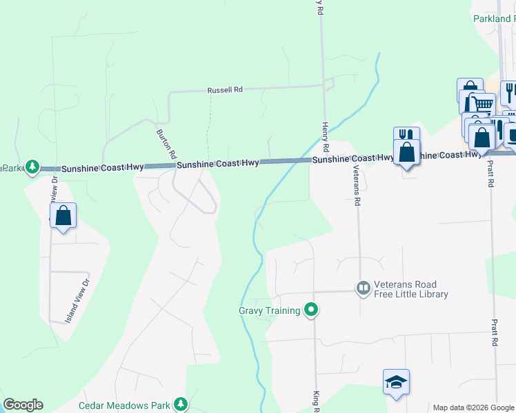 map of restaurants, bars, coffee shops, grocery stores, and more near 1203 Castle Road in Sunshine Coast Regional District