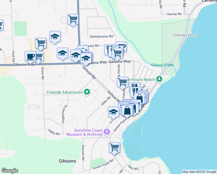 map of restaurants, bars, coffee shops, grocery stores, and more near 693 Corlett Road in Gibsons