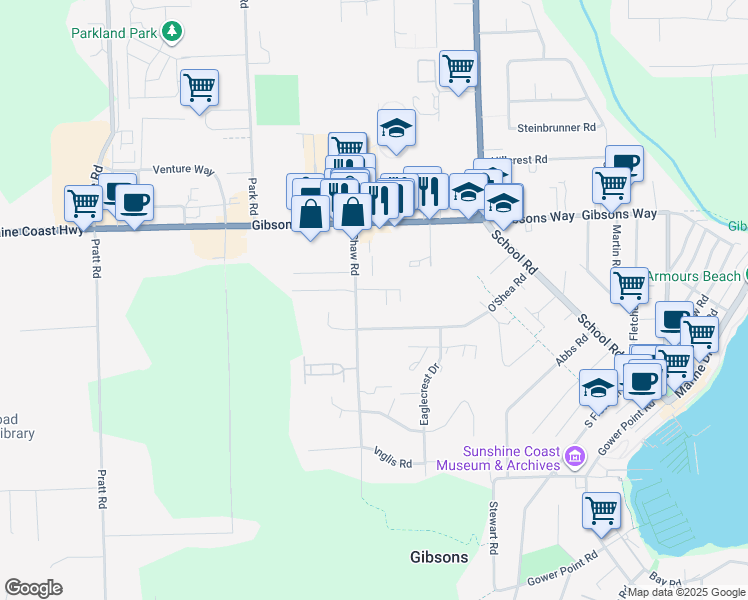map of restaurants, bars, coffee shops, grocery stores, and more near 873 Poplar Lane in Gibsons