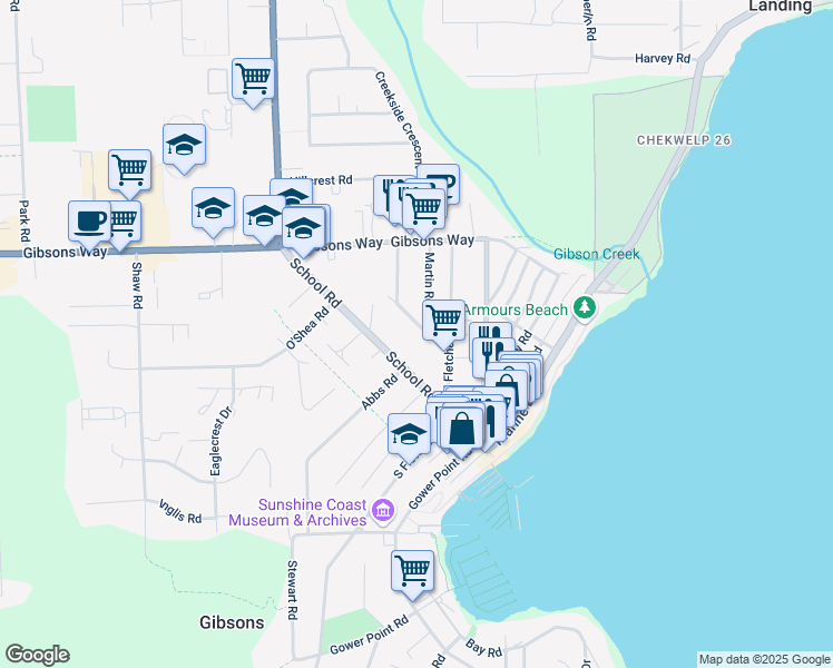 map of restaurants, bars, coffee shops, grocery stores, and more near 693 Corlett Road in Gibsons