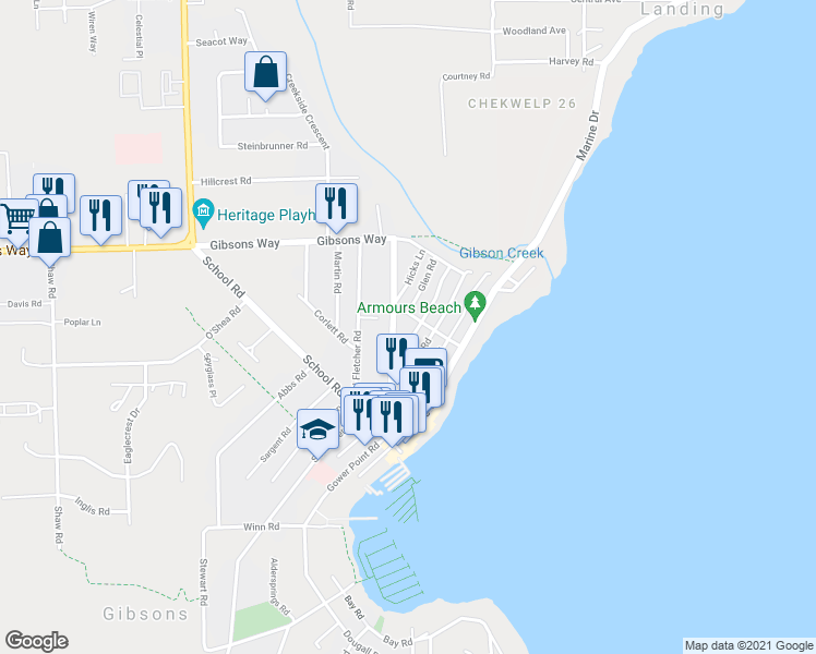 map of restaurants, bars, coffee shops, grocery stores, and more near 633 Beach Avenue in Gibsons