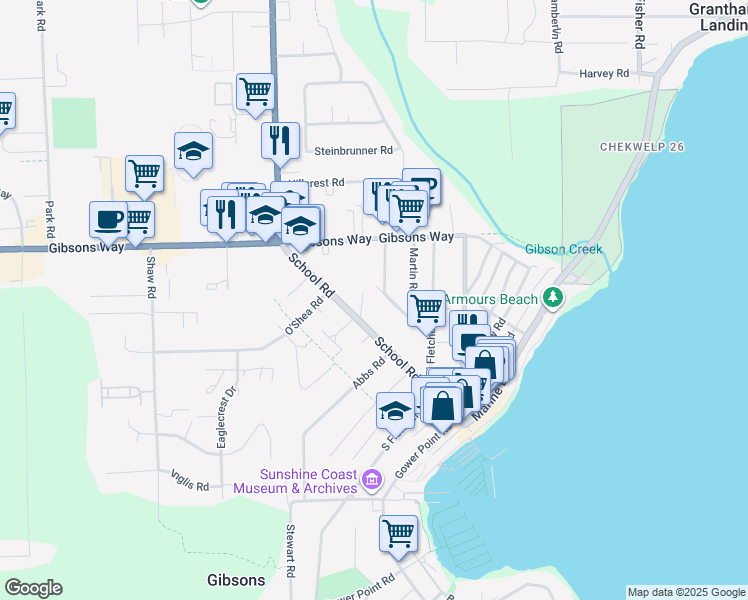 map of restaurants, bars, coffee shops, grocery stores, and more near 730 School Road in Gibsons