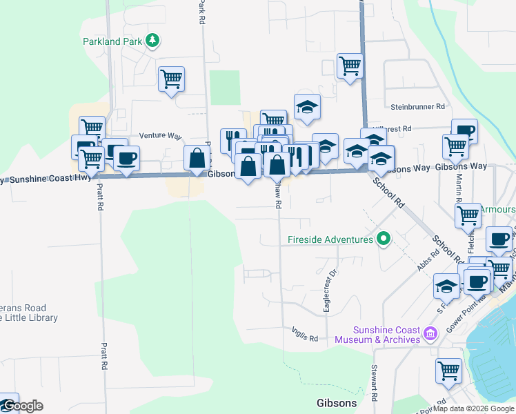 map of restaurants, bars, coffee shops, grocery stores, and more near Davis Road in Gibsons