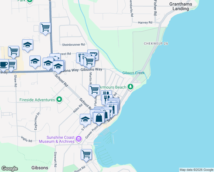 map of restaurants, bars, coffee shops, grocery stores, and more near 611 Gibsons Way in Gibsons