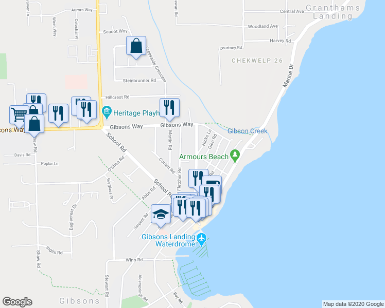 map of restaurants, bars, coffee shops, grocery stores, and more near 611 Gibsons Way in Gibsons