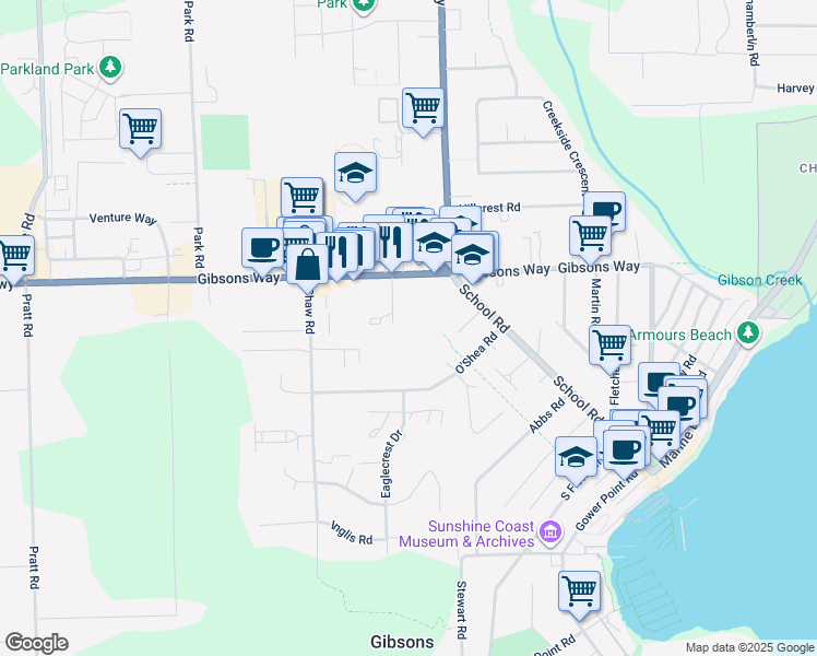 map of restaurants, bars, coffee shops, grocery stores, and more near 622 Farnham Road in Gibsons