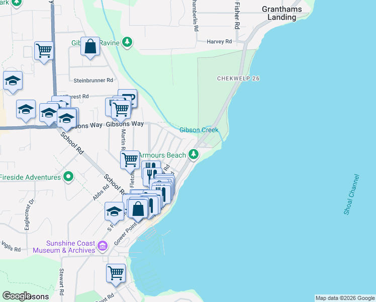 map of restaurants, bars, coffee shops, grocery stores, and more near 603 Marine Drive in Gibsons