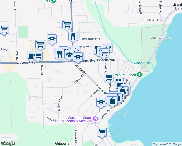map of restaurants, bars, coffee shops, grocery stores, and more near 730 School Road in Gibsons