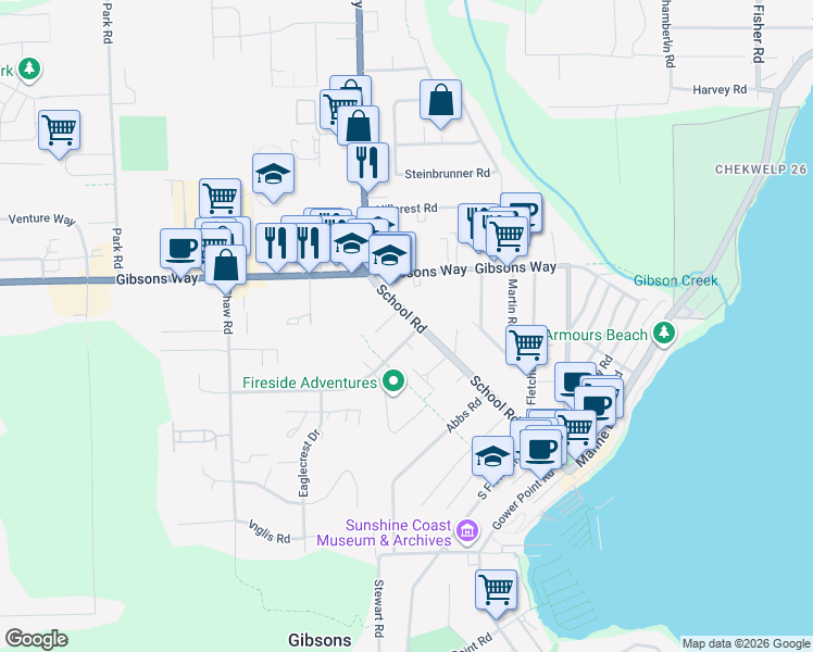 map of restaurants, bars, coffee shops, grocery stores, and more near 757 School Road in Gibsons