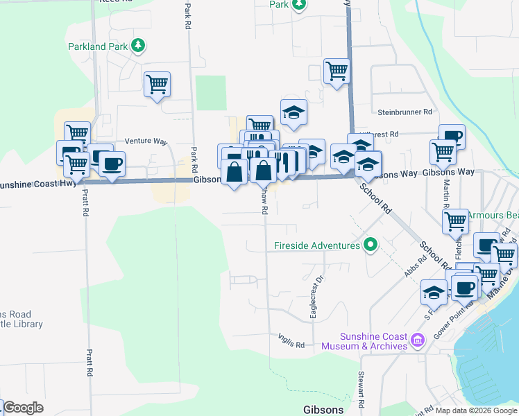 map of restaurants, bars, coffee shops, grocery stores, and more near 896 Davis Road in Gibsons