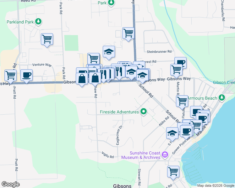 map of restaurants, bars, coffee shops, grocery stores, and more near 623 Farnham Road in Gibsons