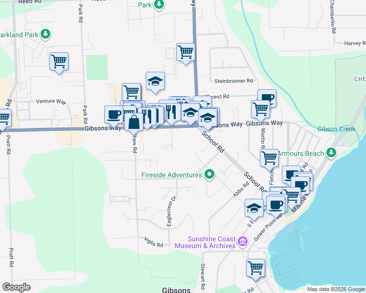 map of restaurants, bars, coffee shops, grocery stores, and more near 805 Gibsons Way in Gibsons