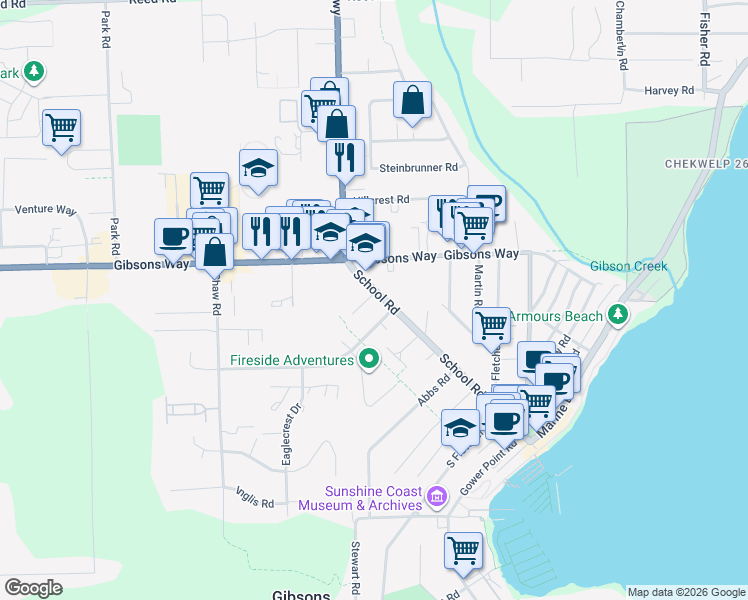 map of restaurants, bars, coffee shops, grocery stores, and more near 757 School Road in Gibsons