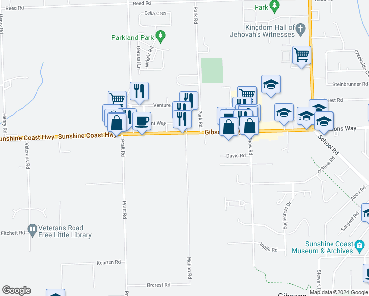 map of restaurants, bars, coffee shops, grocery stores, and more near 629 Mahan Road in Gibsons
