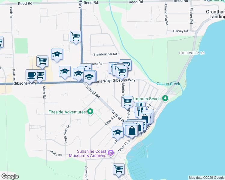 map of restaurants, bars, coffee shops, grocery stores, and more near 631 Wyngaert Road in Gibsons