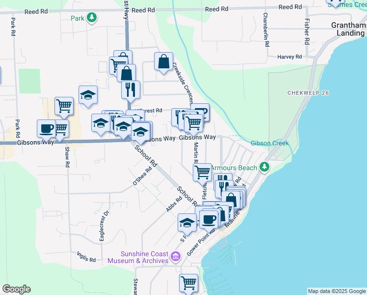 map of restaurants, bars, coffee shops, grocery stores, and more near 640 Wyngaert Road in Gibsons