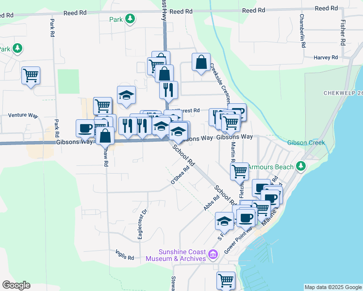 map of restaurants, bars, coffee shops, grocery stores, and more near 756 Gibsons Way in Gibsons
