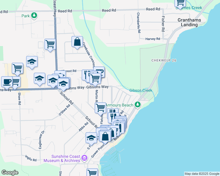 map of restaurants, bars, coffee shops, grocery stores, and more near 659 Gibsons Way in Gibsons