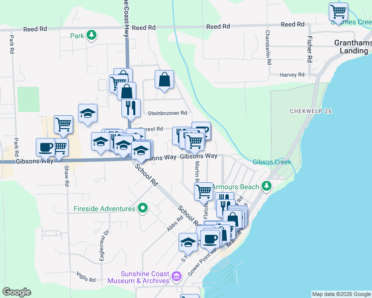 map of restaurants, bars, coffee shops, grocery stores, and more near 702 Gibsons Way in Gibsons