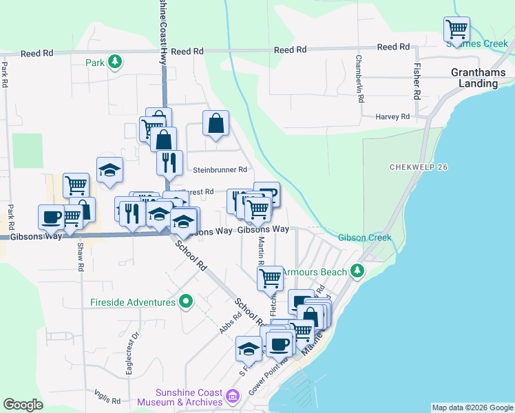 map of restaurants, bars, coffee shops, grocery stores, and more near 682 Crucil Road in Gibsons