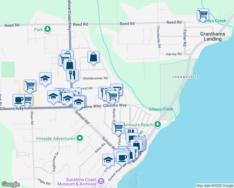 map of restaurants, bars, coffee shops, grocery stores, and more near 673 Hillcrest Road in Gibsons