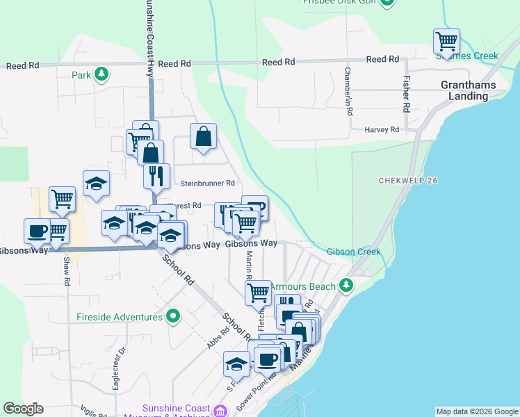 map of restaurants, bars, coffee shops, grocery stores, and more near 673 Hillcrest Road in Gibsons